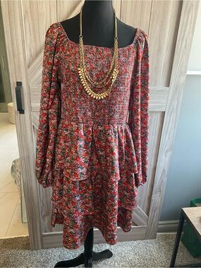 Floral Smocked Peplum Dress - Pink Multicolor